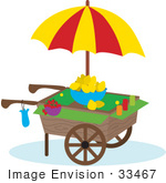 #33467 Clipart Of A Vendor Cart With An Umbrella Bowl Of Lemons Strawberries And Cups