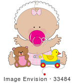 #33484 Clipart Of A Baby Girl In A Bonnet Wearing A Pink Bow And Diaper Sucking On A Pacifier And Playing With Toys In A Nursery by Maria Bell