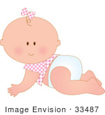 #33487 Clipart Of A Cute Baby Girl In Pink, A Bow On Her One Strand Of Hair, Crawling Across The Floor In A Diaper by Maria Bell