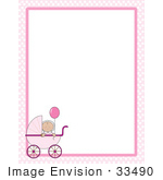 #33490 Clipart Of A Baby Girl In A Pink Carriage Holding Onto A Balloon In The Lower Left Corner Of A Stationery Border