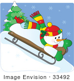 #33492 Christmas Clipart Of A Cute Red Bird Seated On A Snowman’S Foot As They Go Sledding Downhill
