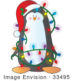 #33495 Christmas Clipart Of A Festive Penguin Wearing A Santa Hat With Holy, Decorated In Battery Powered Christmas Lights by Maria Bell