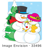 #33496 Christmas Clipart Of A Proud Snowman Father Adoring His Newborn Baby While His Wife Cradles It by Maria Bell