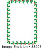 #33503 Christmas Clipart Of A Stationery Border Of Green Holly Leaves And Red Berry Clusters