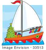 #33513 Christmas Clipart Of A Festive Sailor’S Boat With A Christmas Tree Gifts Wreath And Stocking Sailing At Sea