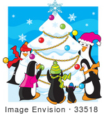 #33518 Christmas Clipart Of A Family Of Penguins Having A Party And Decorating A Snow Covered Tree