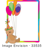 #33535 Clipart of a Birthday Party Bear Wearing A Hat And Holding Balloons, Sitting In The Lower Corner Of A Stationery Letter by Maria Bell