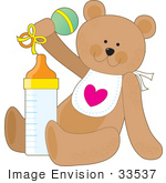 #33537 Clipart Of A Baby Teddy Bear In A Bib Shaking A Rattle And Sitting With A Bottle Of Formula