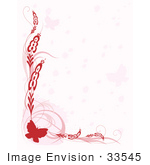 #33545 Clip Art Graphic Of A Pretty Red Stationery Border Of A Butterfly With Scrolls Over A Faded Pink Background