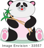 #33557 Clip Art Graphic of a Cute Baby Panda Bear Smiling While Eating Bamboo by Maria Bell