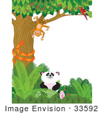 #33592 Clip Art Graphic Of A Parrot Watching A Silly Monkey Hanging Upside Down In A Tree A Snake And A Panda In A Forest