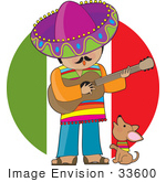 #33600 Clip Art Graphic Of A Mexican Man Strumming A Guitar And Singing While A Little Dog Howls