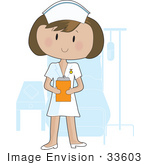#33603 Clip Art Graphic of a Pretty Brunette Nurse Lady In A Hospital Room, Holding A Patient’s Charts On A Clipboard by Maria Bell