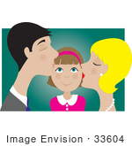 #33604 Clip Art Graphic Of A Pleased Little Girl Getting Kissed On Both Cheeks By Her Daddy And Mommy