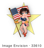 #33610 Clip Art Graphic Of A Dainty Character Lady In American Clothes Holding A Flag And Standing In Front Of A Star