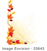 #33643 Clip Art Graphic of a Stationery Border Of Autumn Colored Leaves And Scrolls by Maria Bell