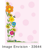 #33644 Clip Art Graphic Of A Stationery Border Of Bees And Spring Flowers Over A Pink Background With Polka Dots