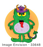 #33648 Clip Art Graphic Of A Red Tongued Green Monster With Purple Hair And Orange Horns