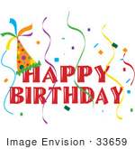 #33659 Clip Art Graphic Of A Happy Birthday Party Banner With A Hat Confetti And Streamers