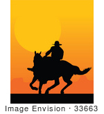 #33663 Clip Art Graphic of a Silhouetted Cowboy Riding A Horse At Sunset by Maria Bell