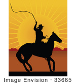 #33665 Clip Art Graphic Of A Silhouetted Horseback Cowboy Cracking A Whip At Sunset