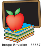 #33667 Clip Art Graphic Of A Red Teacher’S Apple On A Stack Of Books By A Chalkboard