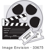 #33675 Clip Art Graphic Of A Film Reel Clapboard And Tickets