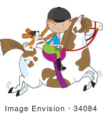 #34084 Clip Art Graphic Of A Red Haired Girl Riding A Painted Brown And White Horse With Her Puppy