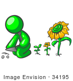 #34195 Clip Art Graphic Of A Green Guy Character Wearing A Business Tie And Kneeling To Plant Seeds In A Sunflower Garden With Flowers In Different Stages Of Growth