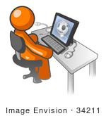 #34211 Clip Art Graphic Of An Orange Man Character Watching A Video On Anatomy Showing A Skull At A Computer Desk