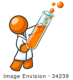 #34239 Clip Art Graphic Of An Orange Guy Scientist Character Wearing A Lab Coat And Holding A Bubbly Liquid Filled Test Tube