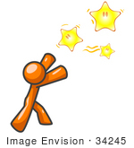 #34245 Clip Art Graphic Of An Orange Guy Character Reaching For Shining Stars In The Sky Symbolizing Dreams And Hope
