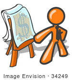 #34249 Clip Art Graphic of an Orange Guy Character Wearing A Business Tie, Standing In Front Of A Presentation Board With A Dollar Sign Puzzle During A Meeting by Jester Arts