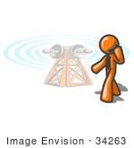 #34263 Clip Art Graphic Of An Orange Guy Character Walking Past A Communications Tower And Talking On A Cellular Telephone