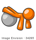 #34265 Clip Art Graphic Of An Orange Guy Character Doing Pushups With His Legs Propped Up On A Yoga Fitness Ball