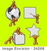 #34268 Clip Art Graphic Of An Orange Guy Character Collection With A Globe Presentation Cube And Star