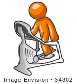 #34302 Clip Art Graphic Of An Orange Guy Character Working Out On A Stair Climber In A Fitness Gym by Jester Arts