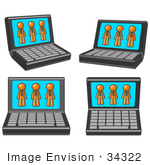 #34322 Clip Art Graphic Of Orange Guy Characters Displayed On Laptop Computer Monitors