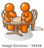 #34339 Clip Art Graphic Of An Orange Guy Character And Friend Sitting At A Table And Looking At Papers