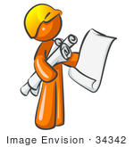 #34342 Clip Art Graphic Of An Orange Guy Character Holding Architectural Design Blueprints And Scrolls