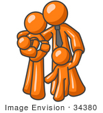 #34380 Clip Art Graphic Of An Orange Character Family With Two Children Standing Together