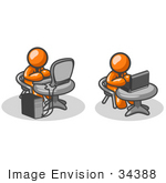 #34388 Clip Art Graphic of Orange Guy Characters Working At Different Tables, One With A Laptop, One With A Desktop Computer by Jester Arts