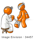 #34457 Clip Art Graphic Of An Orange Guy Character Getting His Injuries Bandaged By A Doctor