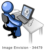 #34479 Clip Art Graphic Of A Blue Guy Character Researching Skulls On A Computer