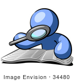 #34480 Clip Art Graphic Of A Blue Guy Character Researching A Book With A Magnifying Glass