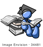 #34481 Clip Art Graphic Of A Blue Guy Character In A Graduation Cap Reading A Book