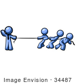 #34487 Clip Art Graphic Of A Blue Guy Character Waving While Holding One End Of A Rope And Competing In A Tug Of War Contest With Three Other People