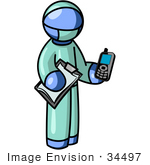 #34497 Clip Art Graphic Of A Blue Guy Character Doctor Holding A Cell Phone And Clipboard