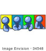 #34548 Clip Art Graphic Of A Blue Guy Character In A Business Tie Shown In Four Different Poses