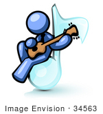 #34563 Clip Art Graphic Of A Blue Guy Character Playing A Guitar On A Music Note